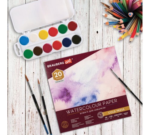 Альбом для акварели, бумага 230 г/м2, 250х250 мм, среднее зерно, 20 листов, склейка, BRAUBERG ART PREMIERE, 113216