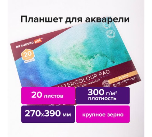 Папка для акварели/планшет, 300 г/м2, 270х390 мм, склейка, крупное зерно, 20 л., BRAUBERG ART PREMIERE, 113250