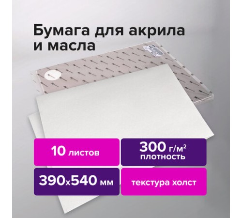 Бумага для акриловых и масляных красок, 300 г/м2, 390x540 мм, 10 листов, BRAUBERG ART PREMIERE, 113269