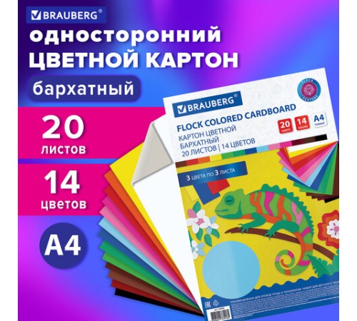 Картон цветной А4 БАРХАТНЫЙ, 20 листов 14 цветов, 180 г/м2, BRAUBERG, 113505