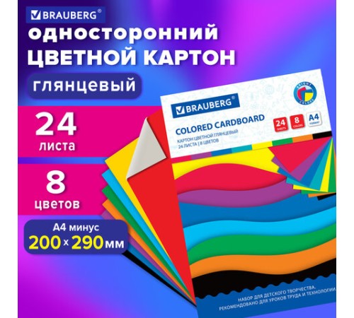 Картон цветной А4 МЕЛОВАННЫЙ, 24 листа, 8 цветов, в папке, BRAUBERG, 200х290 мм, 