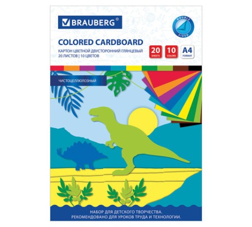 Картон цветной А4 2-сторонний МЕЛОВАННЫЙ, 20 листов, 10 цветов, в папке, BRAUBERG, 200х290 мм, 113554