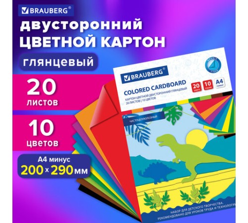 Картон цветной А4 2-сторонний МЕЛОВАННЫЙ, 20 листов, 10 цветов, в папке, BRAUBERG, 200х290 мм, 113554