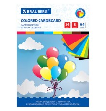 Картон цветной А4 немелованный, 24 листа 8 цветов, в папке, BRAUBERG, 200х290 мм, 