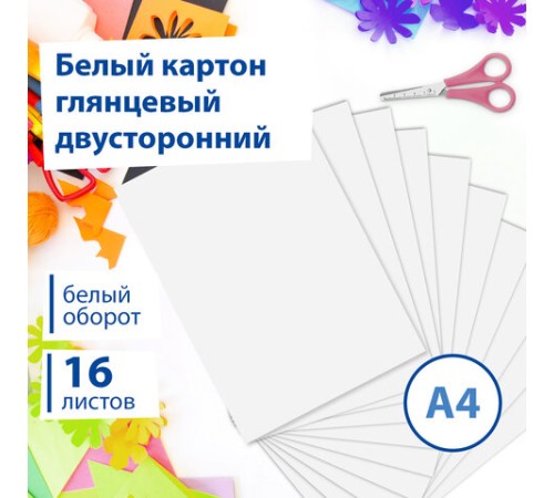 Картон белый А4 МЕЛОВАННЫЙ (белый оборот), 16 листов, в папке, BRAUBERG, 200х290 мм, 113561