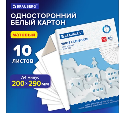 Картон белый А4 немелованный, 10 листов, в папке, BRAUBERG, 200х290 мм, 