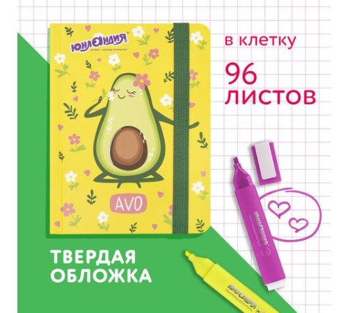 Блокнот с резинкой в клетку 96 л., МАЛЫЙ ФОРМАТ А6 (109х148 мм), твердая обложка, ЮНЛАНДИЯ, 