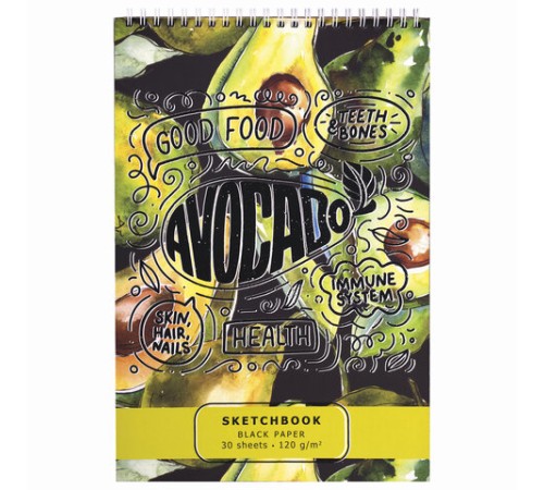 Скетчбук, черная бумага 120 г/м2, 195х300 мм, 30 л., гребень, SoftTouch, выборочный лак, 