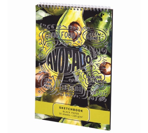 Скетчбук, черная бумага 120 г/м2, 195х300 мм, 30 л., гребень, SoftTouch, выборочный лак, 