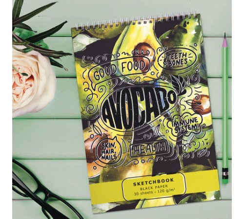 Скетчбук, черная бумага 120 г/м2, 195х300 мм, 30 л., гребень, SoftTouch, выборочный лак, 