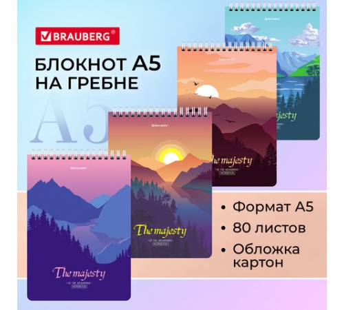 Блокнот А5 (146х206 мм), 80 л., гребень, картон, клетка, BRAUBERG, 