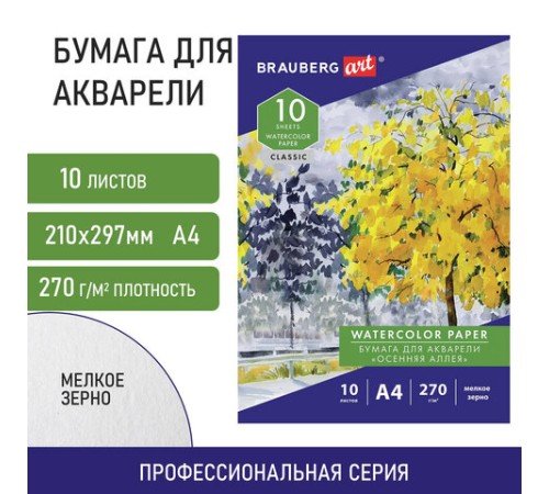 Папка для акварели А4, 10 л., 270 г/м2, мелкое зерно, BRAUBERG ART CLASSIC, 