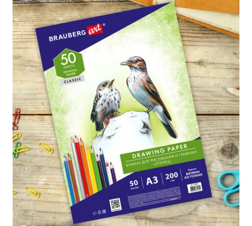 Бумага для рисования и графики А3, 50 л., 200 г/м2, ВАТМАН ГОЗНАК СПб, в коробке, BRAUBERG ART, 114490