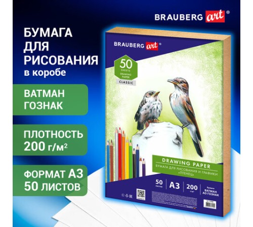 Бумага для рисования и графики А3, 50 л., 200 г/м2, ВАТМАН ГОЗНАК СПб, в коробке, BRAUBERG ART, 114490