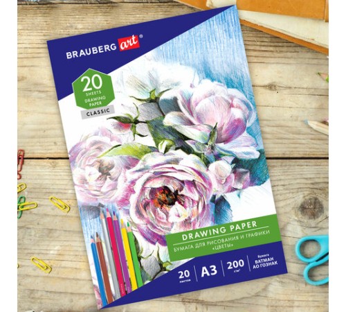 Бумага для рисования и графики в папке БОЛЬШАЯ А3, 20 л., 200 г/м2, ВАТМАН ГОЗНАК, BRAUBERG ART CLASSIC, 114491