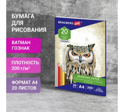 Бумага для рисования и графики в папке А4, 20 л., 200 г/м2, ВАТМАН ГОЗНАК, BRAUBERG ART CLASSIC, 114492