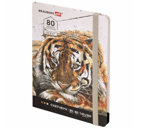 Скетчбук, белая бумага 80 г/м2, 145х203 мм, 80 л., резинка, твердый, BRAUBERG ART DEBUT 