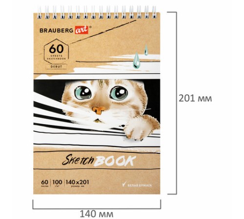 Скетчбук, белая бумага 100 г/м2, 140х201 мм, 60 л., гребень, жёсткая подложка, BRAUBERG ART DEBUT, 