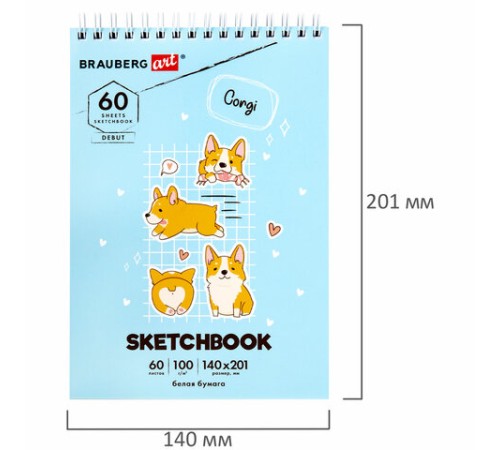 Скетчбук, белая бумага 100 г/м2, 140х201 мм, 60 л., гребень, жёсткая подложка, BRAUBERG ART DEBUT, 