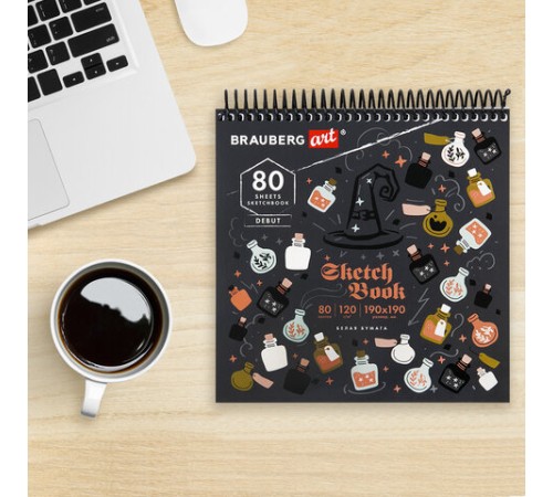 Скетчбук, белая бумага 120 г/м2, 190х190 мм, 80 л., гребень, жёсткая подложка, BRAUBERG ART DEBUT, 