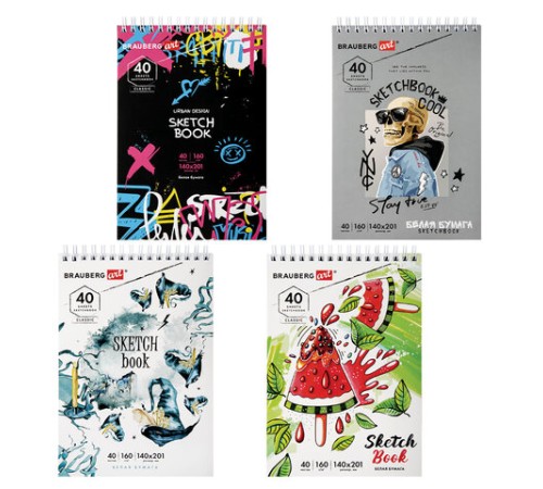 Скетчбук, белая бумага 160 г/м2, 140х201 мм, 40 л., гребень, жесткая подложка, BRAUBERG ART CLASSIC, ассорти, 115071