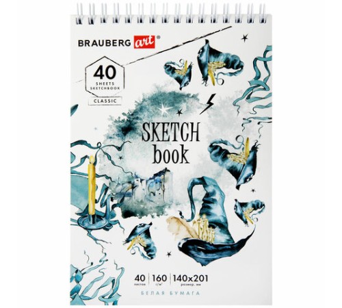 Скетчбук, белая бумага 160 г/м2, 140х201 мм, 40 л., гребень, жесткая подложка, BRAUBERG ART CLASSIC, ассорти, 115071
