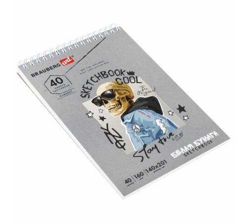 Скетчбук, белая бумага 160 г/м2, 140х201 мм, 40 л., гребень, жесткая подложка, BRAUBERG ART CLASSIC, ассорти, 115071