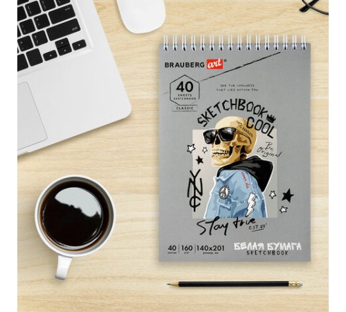 Скетчбук, белая бумага 160 г/м2, 140х201 мм, 40 л., гребень, жесткая подложка, BRAUBERG ART CLASSIC, ассорти, 115071