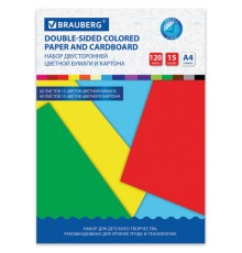Набор цветного картона и бумаги А4 ТОНИРОВАННЫХ В МАССЕ, 60+60 л., 15 цв., BRAUBERG, 