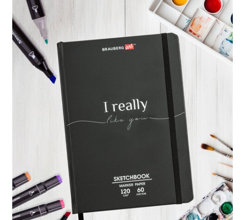 Скетчбук для маркеров 120 г/м2, 148х210 мм, 60 л., твердая обложка, резинка, BRAUBERG ART PREMIERE, 