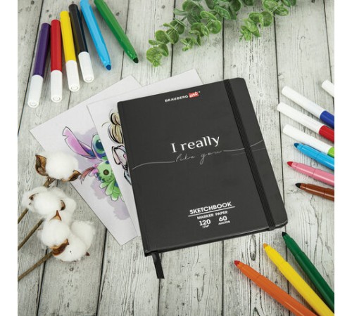 Скетчбук для маркеров 120 г/м2, 148х210 мм, 60 л., твердая обложка, резинка, BRAUBERG ART PREMIERE, 