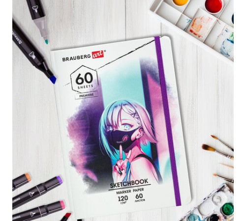 Скетчбук для маркеров 120 г/м2, 148х210 мм, 60 л., твердая обложка, резинка, BRAUBERG ART PREMIERE, Аниме, 115102