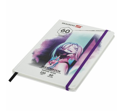 Скетчбук для маркеров 120 г/м2, 148х210 мм, 60 л., твердая обложка, резинка, BRAUBERG ART PREMIERE, Аниме, 115102
