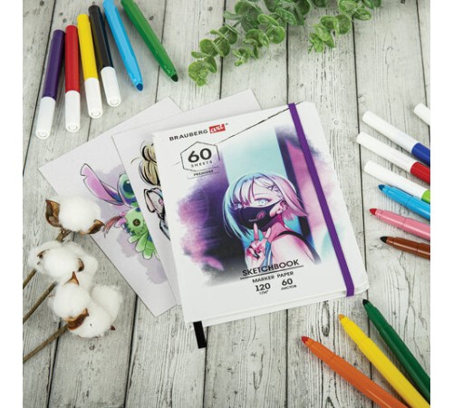 Скетчбук для маркеров 120 г/м2, 148х210 мм, 60 л., твердая обложка, резинка, BRAUBERG ART PREMIERE, Аниме, 115102