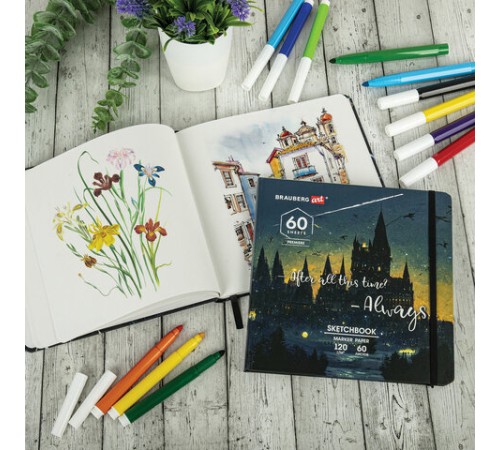 Скетчбук для маркеров 120 г/м2, 195х195 мм, 60 л., твердая обложка, резинка, BRAUBERG ART PREMIERE, Замок, 115104