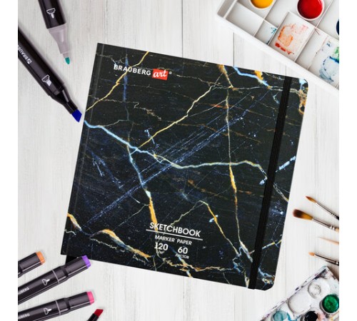 Скетчбук для маркеров 120 г/м2, 195х195 мм, 60 л., твердая обложка, резинка, BRAUBERG ART PREMIERE, 
