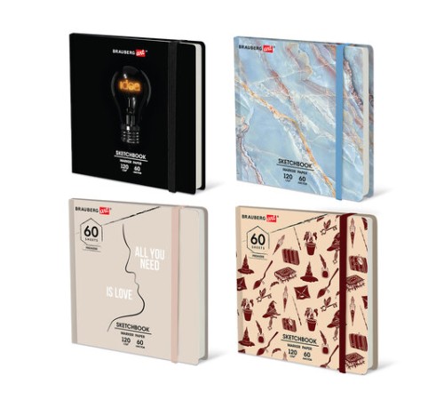 Скетчбук для маркеров 120 г/м2, 195х195 мм, 60 л., твердая обложка, резинка, BRAUBERG ART PREMIERE, МИКС, 115106