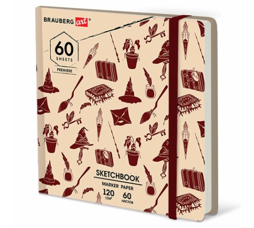 Скетчбук для маркеров 120 г/м2, 195х195 мм, 60 л., твердая обложка, резинка, BRAUBERG ART PREMIERE, МИКС, 115106