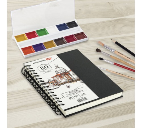 Скетчбук, слоновая кость 100 г/м2, 148х210 мм, 80 л., гребень, твердая обложка, BRAUBERG ART PREMIERE, 115109 