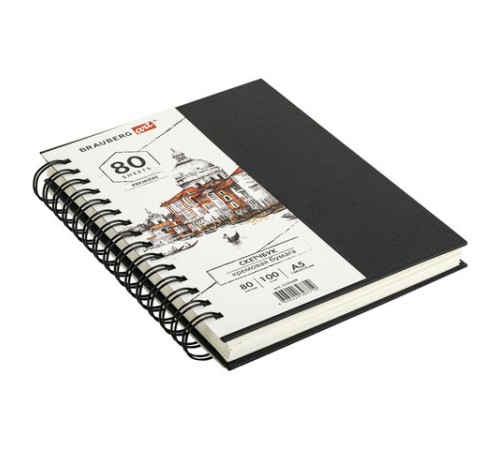 Скетчбук, слоновая кость 100 г/м2, 148х210 мм, 80 л., гребень, твердая обложка, BRAUBERG ART PREMIERE, 115109 