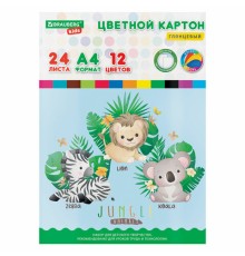 Картон цветной А4 МЕЛОВАННЫЙ, 24 листа,12 цветов, в папке, BRAUBERG KIDS, 203х283 мм, 