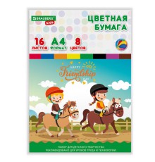 Цветная бумага А4 офсетная, 16 листов, 8 цветов, папка, индивидуальная упаковка, BRAUBERG KIDS, 200х290 мм, 