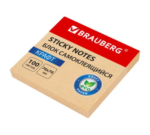 Блок самоклеящийся крафтовая бумага (стикеры) BRAUBERG KRAFT, 76х76 мм, 100 листов, 115203