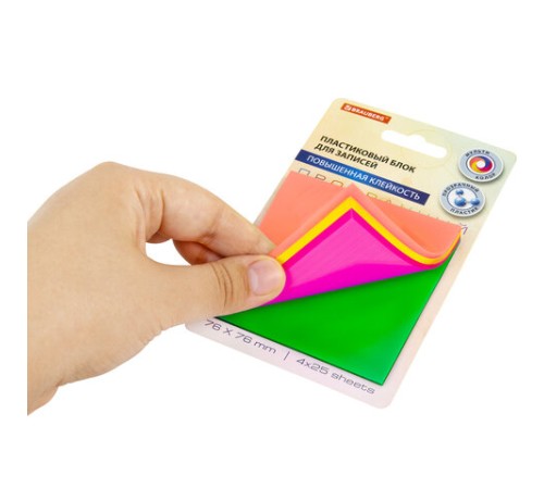 Блок самоклеящийся пластиковый (стикеры) 4 цвета BRAUBERG MULTI COLOUR 76х76 мм, 100 листов, 115208