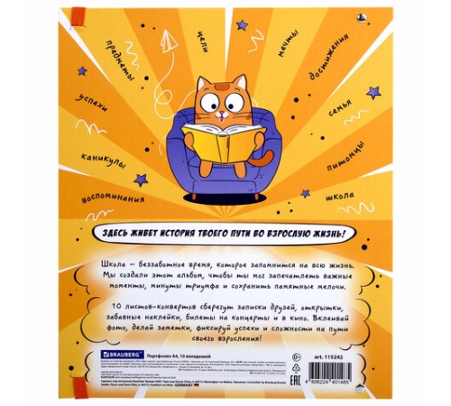 Папка-портфолио школьника, А4, ШКОЛЬНЫЙ АЛЬБОМ, 10 вкладышей, магнитный клапан 7БЦ, BRAUBERG, 115242