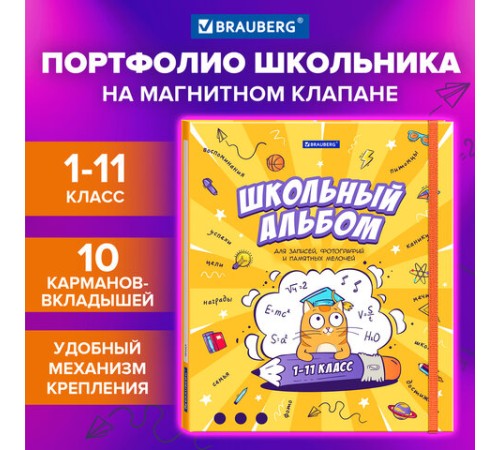 Папка-портфолио школьника, А4, ШКОЛЬНЫЙ АЛЬБОМ, 10 вкладышей, магнитный клапан 7БЦ, BRAUBERG, 115242
