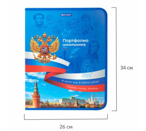 Папка-портфолио школьника, А4, на молнии, 8 вкладышей, обложка твердая, СИМВОЛИКА, BRAUBERG, 115243
