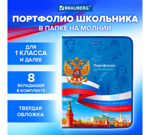 Папка-портфолио школьника, А4, на молнии, 8 вкладышей, обложка твердая, СИМВОЛИКА, BRAUBERG, 115243