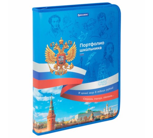 Папка-портфолио школьника, А4, на молнии, 8 вкладышей, обложка твердая, СИМВОЛИКА, BRAUBERG, 115243