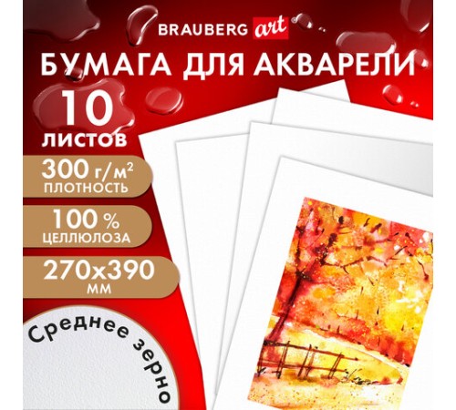 Бумага для акварели 300 г, 270x390 мм, среднее зерно, 10 листов, BRAUBERG ART PREMIERE, 115335